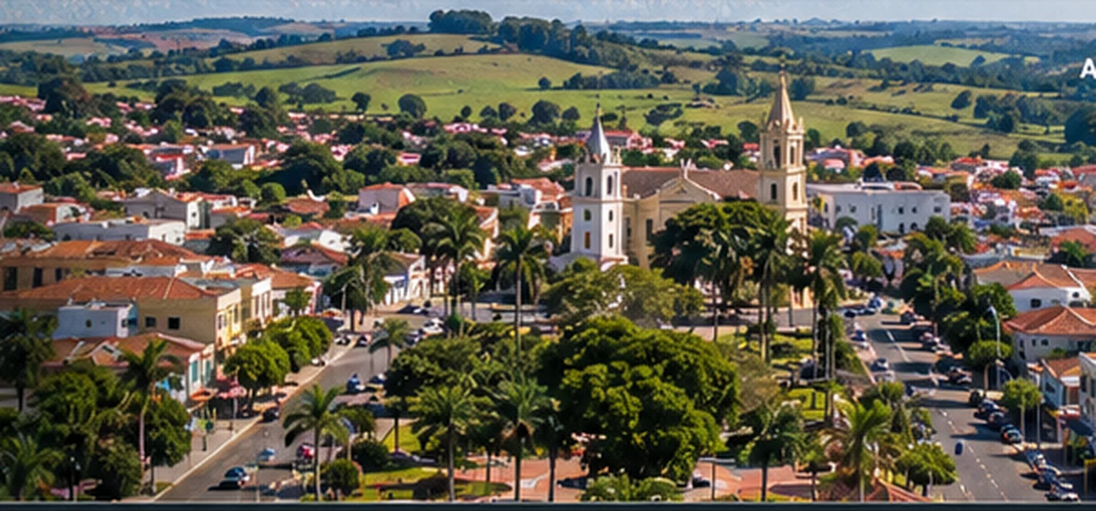 Vista aérea de Agudos com a igreja matriz e o casario da cidade